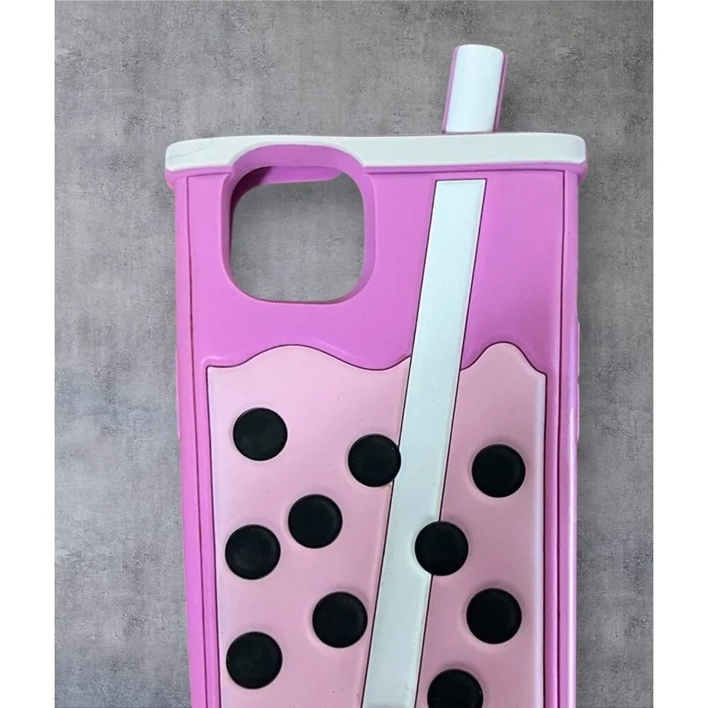 Pink Bubble Tea Design iPhone 13 Case With Pop-Out Straw & Protective Soft Silic